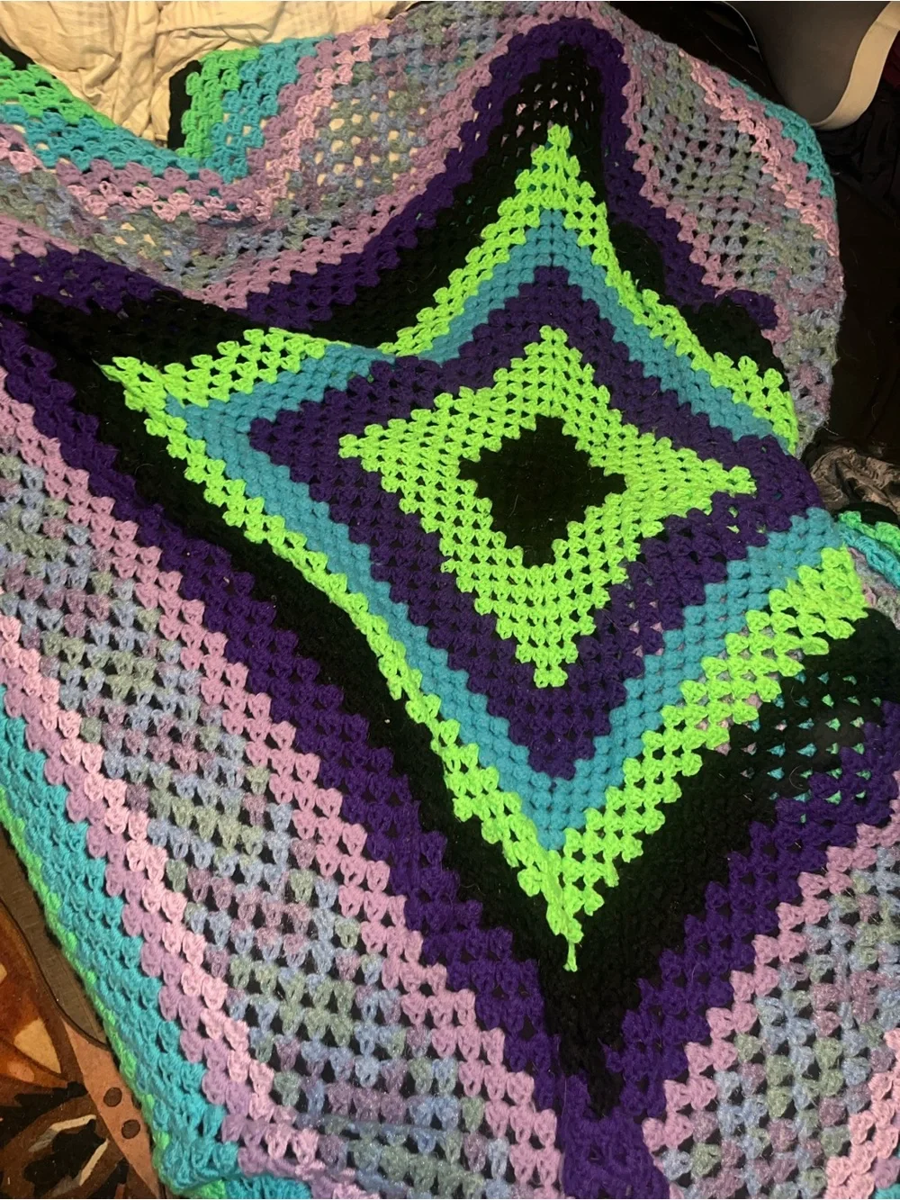 Handmade Crochet Granny Square Throw Blanket - Purple, Teal, Lime & Black